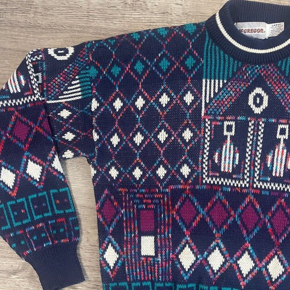 Vintage 80s McGregor Navy Teal Purple White Geometric Knit MockNeck Sweater Sz L - Picture 3 of 4